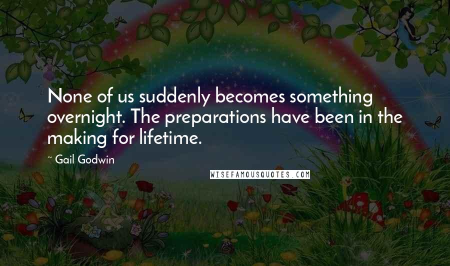 Gail Godwin quotes: None of us suddenly becomes something overnight. The preparations have been in the making for lifetime. Gail Godwin quotes: None of us suddenly becomes something overnight. The preparations have been in the making for lifetime.