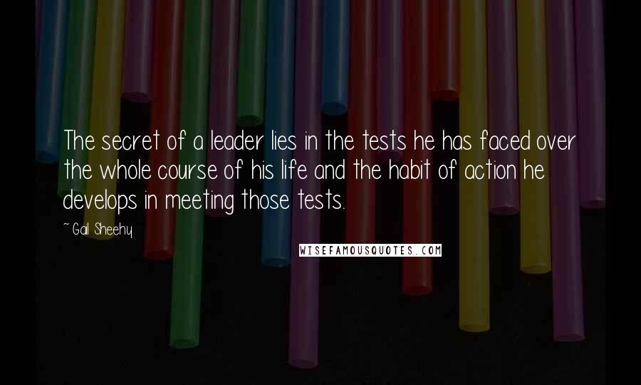 Gail Sheehy quotes: The secret of a leader lies in the tests he has faced over the whole course of his life and the habit of action he develops in meeting those tests.