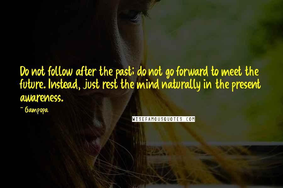 Gampopa quotes: Do not follow after the past; do not go forward to meet the future. Instead, just rest the mind naturally in the present awareness. Gampopa quotes: Do not follow after the past; do not go forward to meet the future. Instead, just rest the mind naturally in the present awareness.