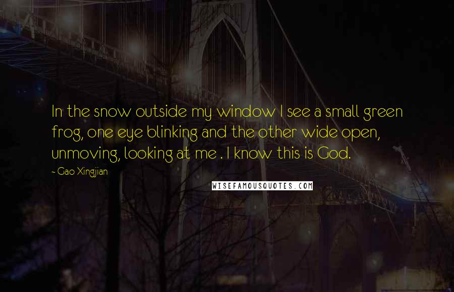 Gao Xingjian quotes: In the snow outside my window I see a small green frog, one eye blinking and the other wide open, unmoving, looking at me . I know this is God. Gao Xingjian quotes: In the snow outside my window I see a small green frog, one eye blinking and the other wide open, unmoving, looking at me . I know this is God.