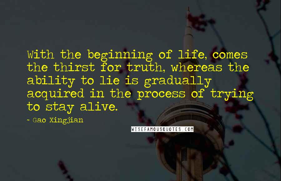 Gao Xingjian quotes: With the beginning of life, comes the thirst for truth, whereas the ability to lie is gradually acquired in the process of trying to stay alive. Gao Xingjian quotes: With the beginning of life, comes the thirst for truth, whereas the ability to lie is gradually acquired in the process of trying to stay alive.