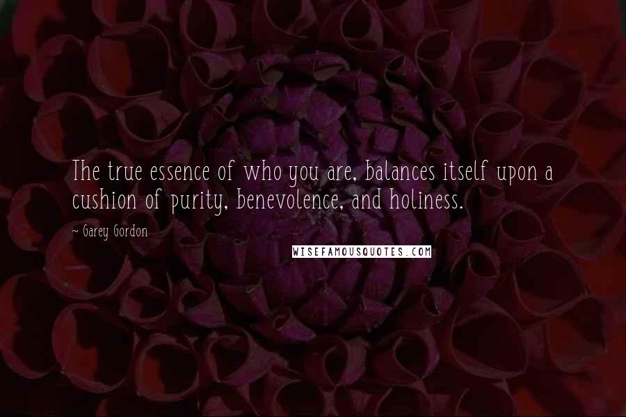 Garey Gordon quotes: The true essence of who you are, balances itself upon a cushion of purity, benevolence, and holiness.