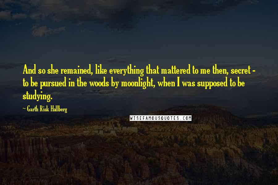 Garth Risk Hallberg quotes: And so she remained, like everything that mattered to me then, secret - to be pursued in the woods by moonlight, when I was supposed to be studying.