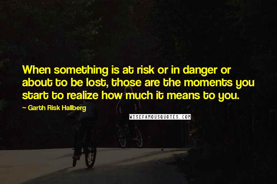 Garth Risk Hallberg quotes: When something is at risk or in danger or about to be lost, those are the moments you start to realize how much it means to you.