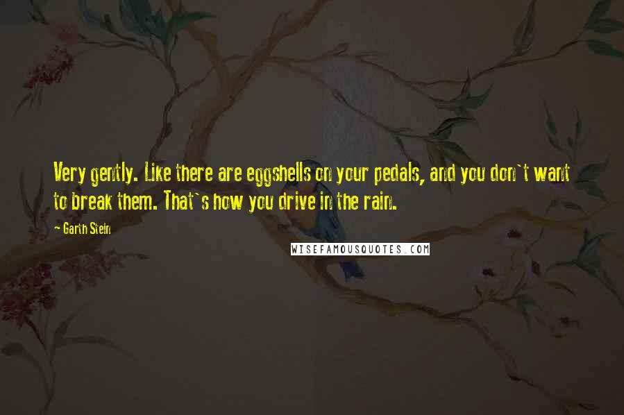 Garth Stein quotes: Very gently. Like there are eggshells on your pedals, and you don't want to break them. That's how you drive in the rain.