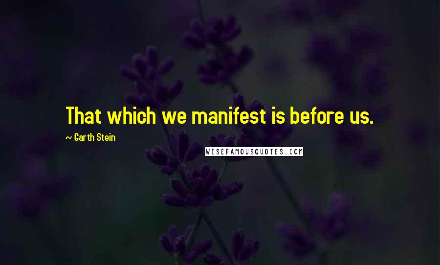 Garth Stein quotes: That which we manifest is before us.