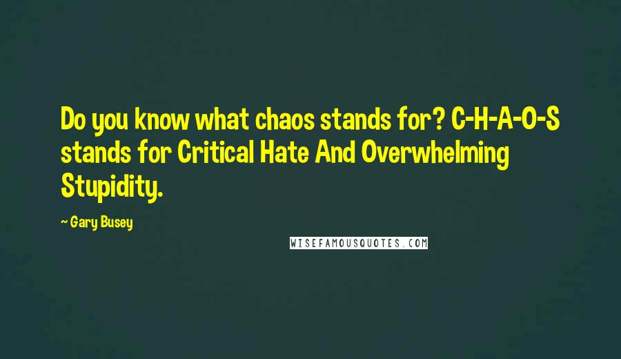 Gary Busey quotes: Do you know what chaos stands for? C-H-A-O-S stands for Critical Hate And Overwhelming Stupidity.