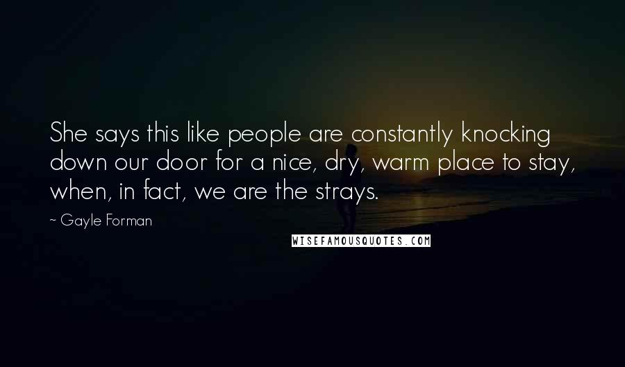 Gayle Forman quotes: She says this like people are constantly knocking down our door for a nice, dry, warm place to stay, when, in fact, we are the strays.