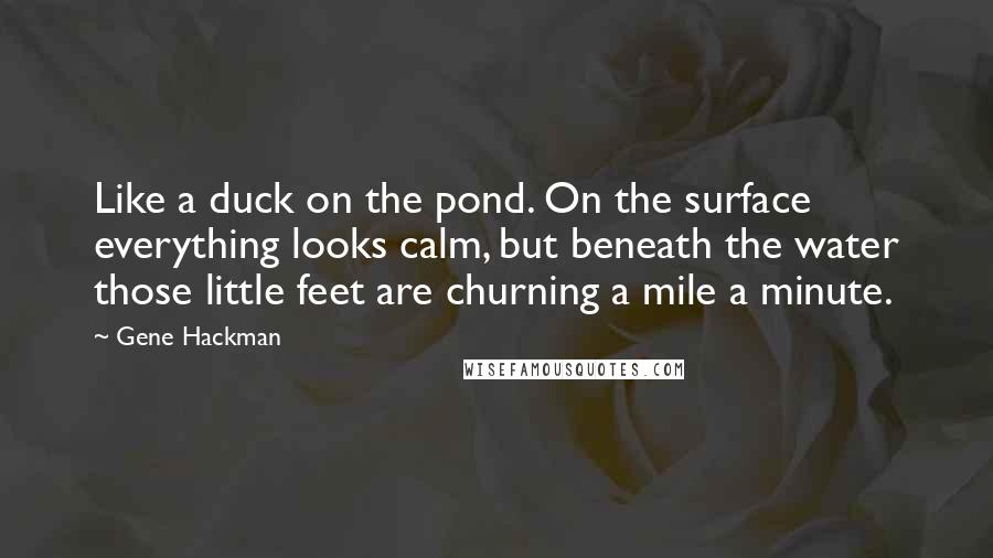 Gene Hackman quotes: Like a duck on the pond. On the surface everything looks calm, but beneath the water those little feet are churning a mile a minute.