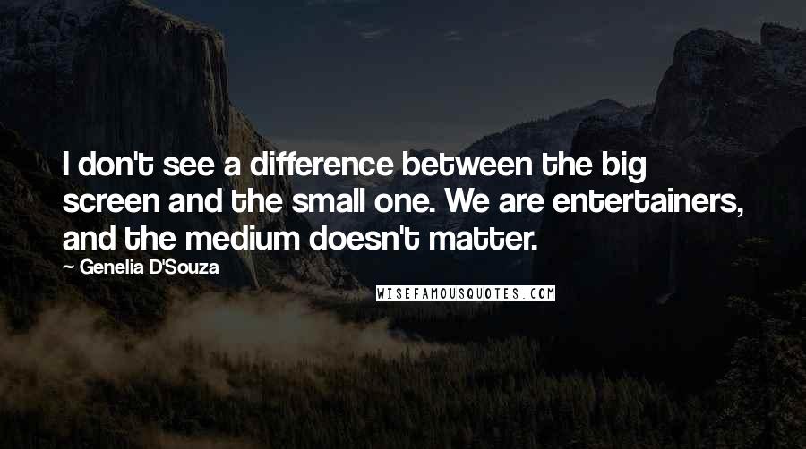 Genelia D'Souza quotes: I don't see a difference between the big screen and the small one. We are entertainers, and the medium doesn't matter. Genelia D'Souza quotes: I don't see a difference between the big screen and the small one. We are entertainers, and the medium doesn't matter.