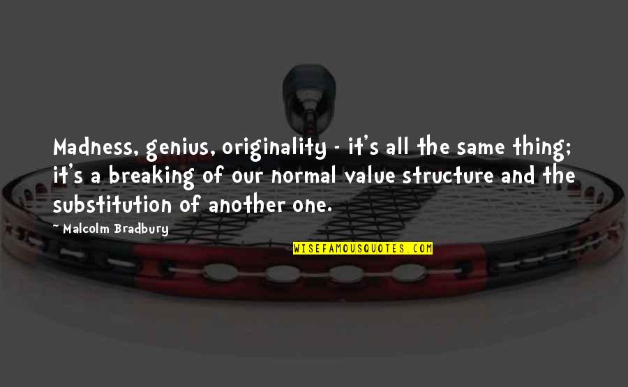 Genius And Madness Quotes By Malcolm Bradbury: Madness, genius, originality - it's all the same