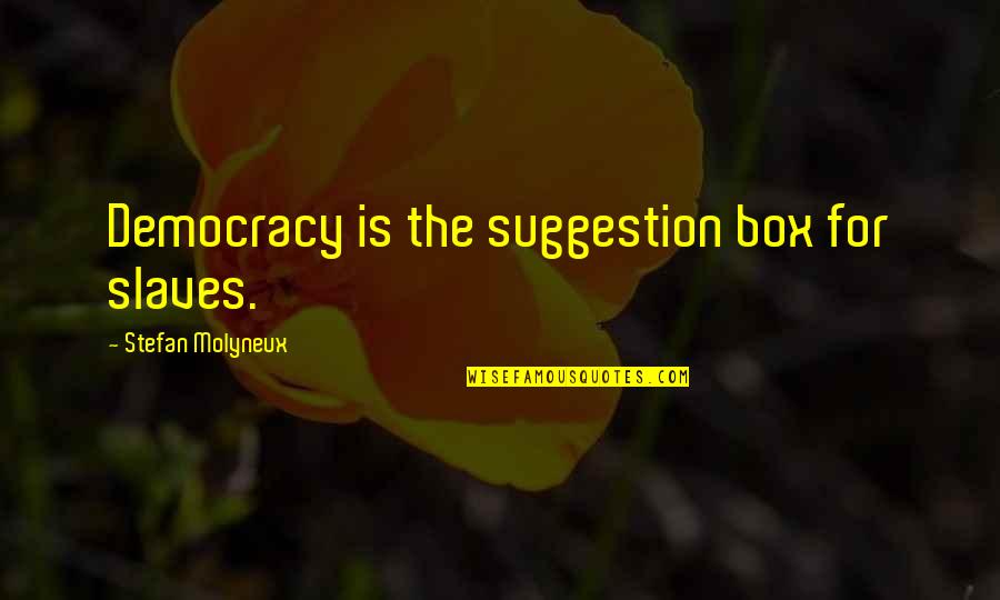 Gennep Ooievaars Quotes By Stefan Molyneux: Democracy is the suggestion box for slaves. Gennep Ooievaars Quotes By Stefan Molyneux: Democracy is the suggestion box for slaves.