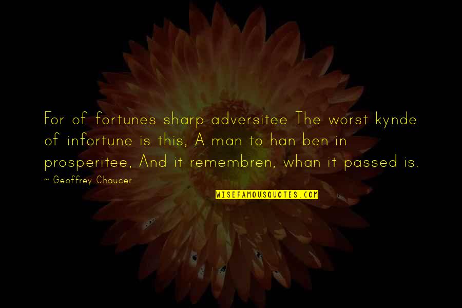 Geoffrey Quotes By Geoffrey Chaucer: For of fortunes sharp adversitee The worst kynde