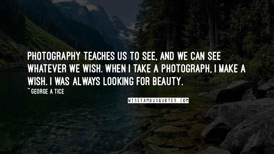 George A Tice quotes: Photography teaches us to see, and we can see whatever we wish. When I take a photograph, I make a wish. I was always looking for beauty.