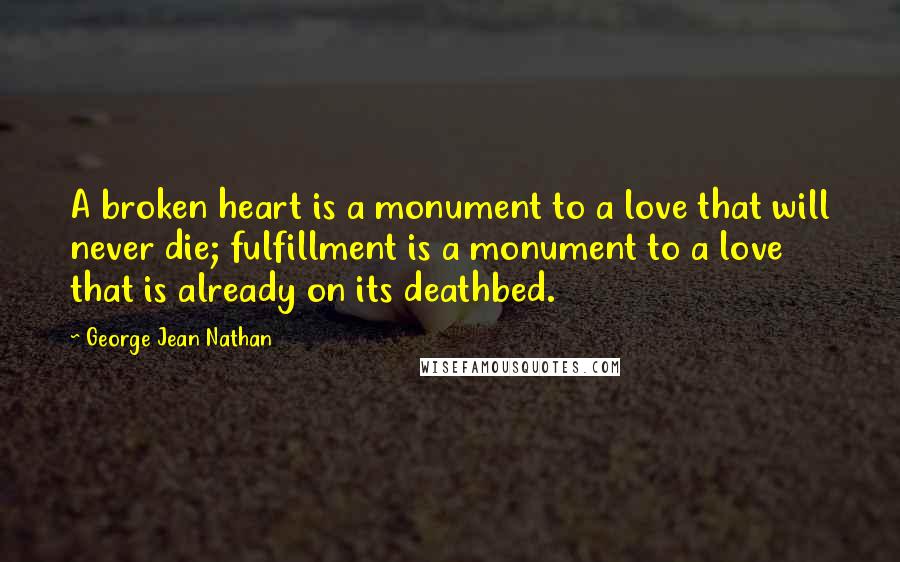 George Jean Nathan quotes: A broken heart is a monument to a love that will never die; fulfillment is a monument to a love that is already on its deathbed.