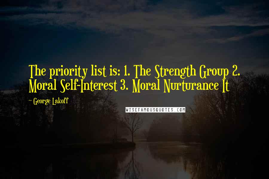 George Lakoff quotes: The priority list is: 1. The Strength Group 2. Moral Self-Interest 3. Moral Nurturance It