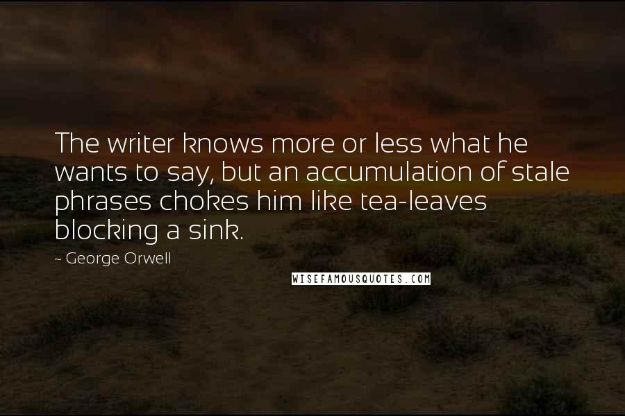 George Orwell quotes: The writer knows more or less what he wants to say, but an accumulation of stale phrases chokes him like tea-leaves blocking a sink.