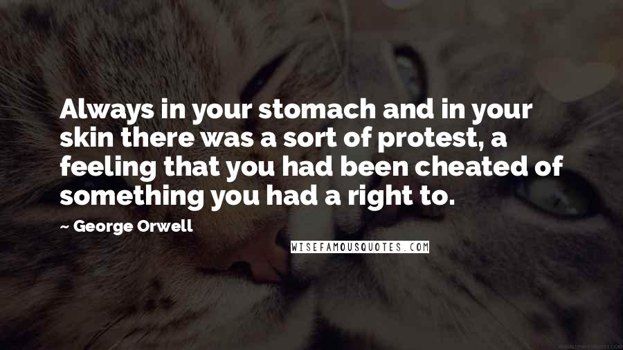 George Orwell quotes: Always in your stomach and in your skin there was a sort of protest, a feeling that you had been cheated of something you had a right to.
