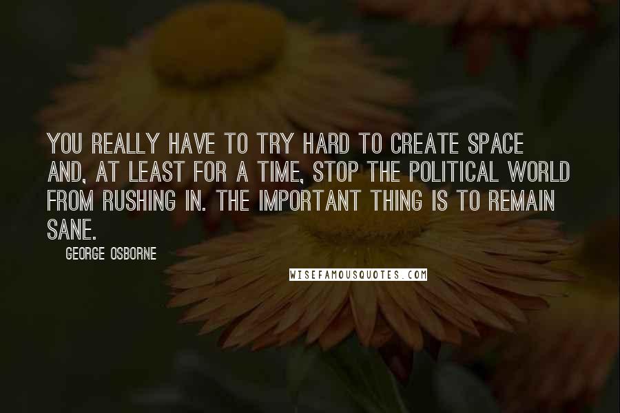 George Osborne quotes: You really have to try hard to create space and, at least for a time, stop the political world from rushing in. The important thing is to remain sane.