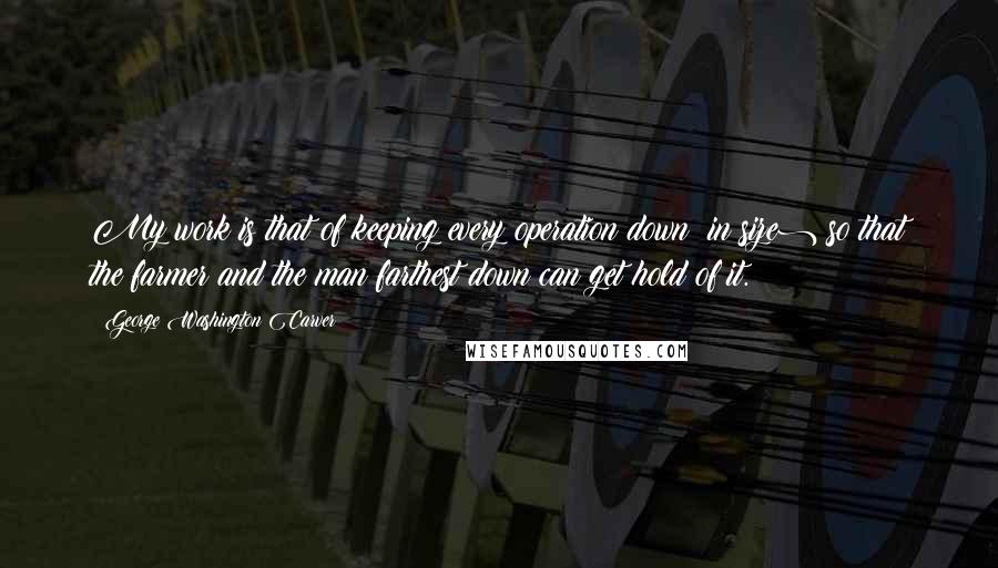 George Washington Carver quotes: My work is that of keeping every operation down (in size) so that the farmer and the man farthest down can get hold of it.