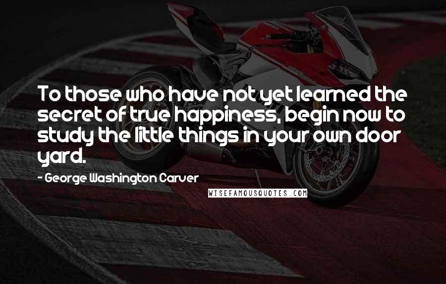 George Washington Carver quotes: To those who have not yet learned the secret of true happiness, begin now to study the little things in your own door yard.