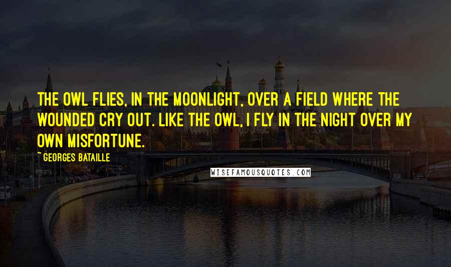 Georges Bataille quotes: The owl flies, in the moonlight, over a field where the wounded cry out. Like the owl, I fly in the night over my own misfortune.