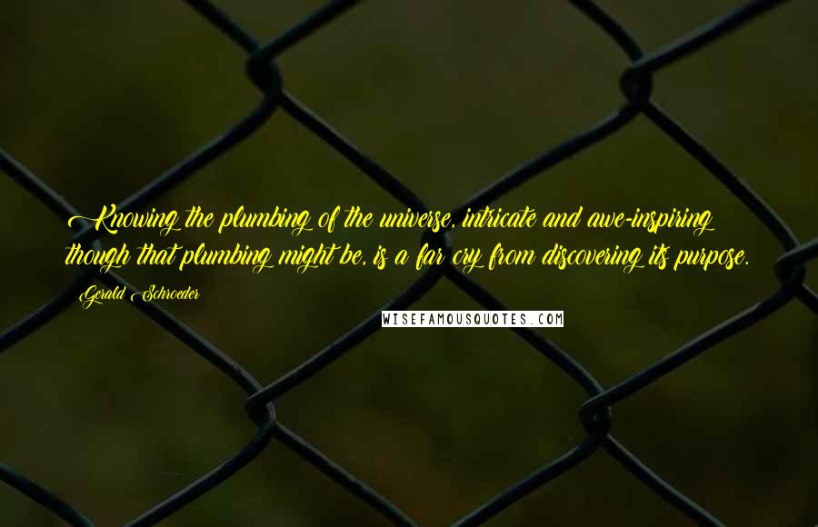Gerald Schroeder quotes: Knowing the plumbing of the universe, intricate and awe-inspiring though that plumbing might be, is a far cry from discovering its purpose. Gerald Schroeder quotes: Knowing the plumbing of the universe, intricate and awe-inspiring though that plumbing might be, is a far cry from discovering its purpose.