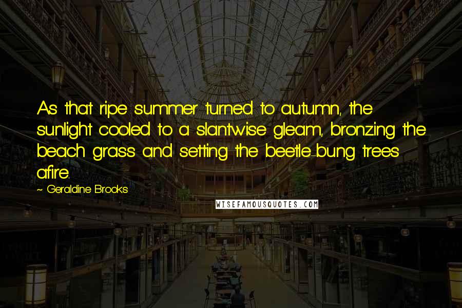 Geraldine Brooks quotes: As that ripe summer turned to autumn, the sunlight cooled to a slantwise gleam, bronzing the beach grass and setting the beetle-bung trees afire. Geraldine Brooks quotes: As that ripe summer turned to autumn, the sunlight cooled to a slantwise gleam, bronzing the beach grass and setting the beetle-bung trees afire.