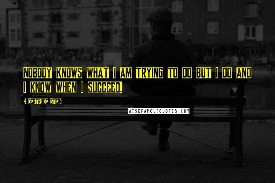 Gertrude Stein quotes: Nobody knows what I am trying to do but I do and I know when I succeed. Gertrude Stein quotes: Nobody knows what I am trying to do but I do and I know when I succeed.