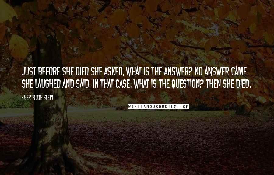 Gertrude Stein quotes: Just before she died she asked, What is the answer? No answer came. She laughed and said, In that case, what is the question? Then she died.