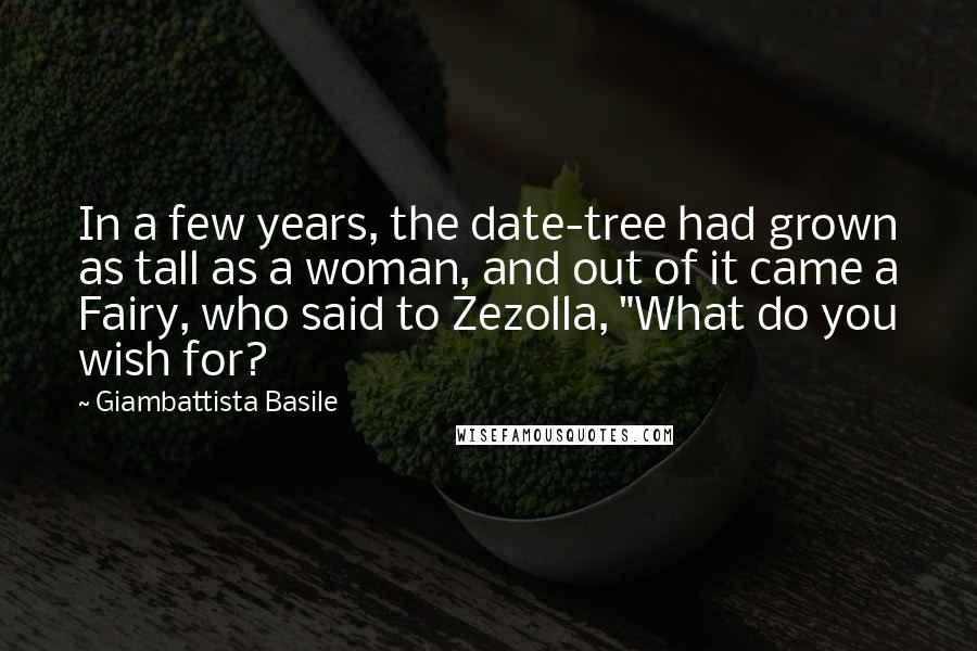 Giambattista Basile quotes: In a few years, the date-tree had grown as tall as a woman, and out of it came a Fairy, who said to Zezolla, "What do you wish for?