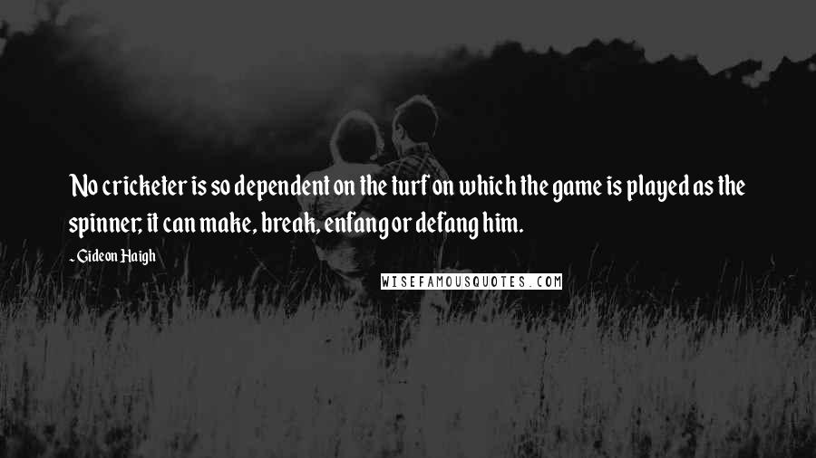 Gideon Haigh quotes: No cricketer is so dependent on the turf on which the game is played as the spinner; it can make, break, enfang or defang him. Gideon Haigh quotes: No cricketer is so dependent on the turf on which the game is played as the spinner; it can make, break, enfang or defang him.