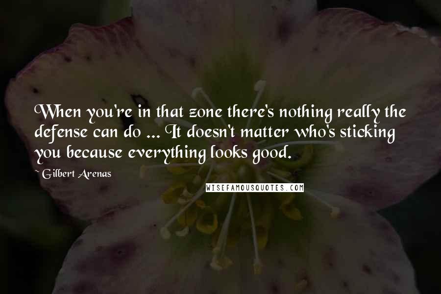 Gilbert Arenas quotes: When you're in that zone there's nothing really the defense can do ... It doesn't matter who's sticking you because everything looks good. Gilbert Arenas quotes: When you're in that zone there's nothing really the defense can do ... It doesn't matter who's sticking you because everything looks good.