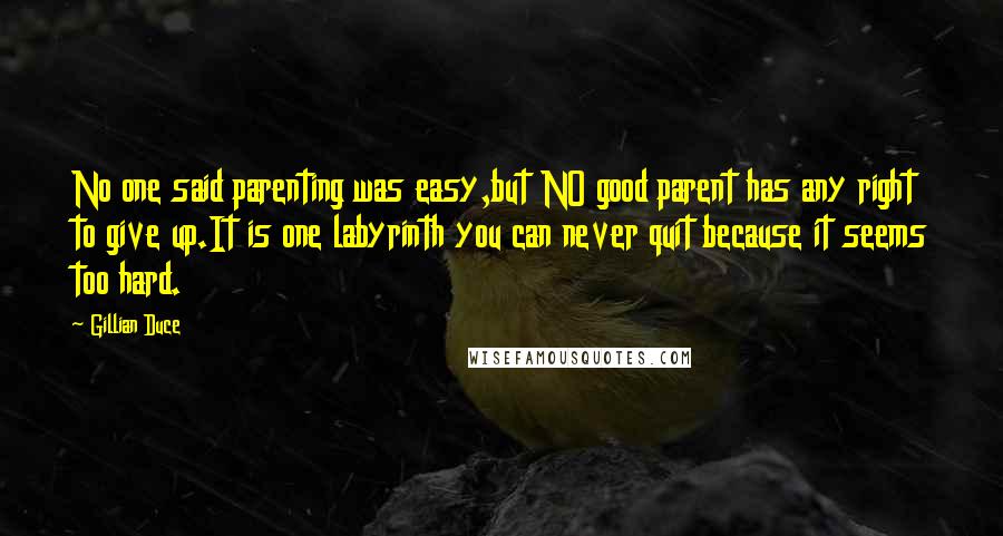 Gillian Duce quotes: No one said parenting was easy,but NO good parent has any right to give up.It is one labyrinth you can never quit because it seems too hard.