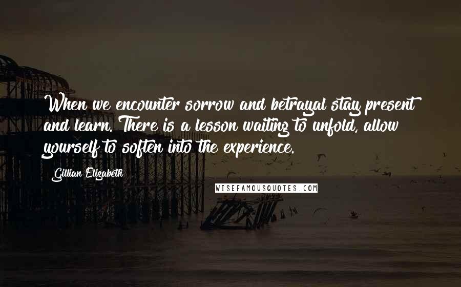 Gillian Elizabeth quotes: When we encounter sorrow and betrayal stay present and learn. There is a lesson waiting to unfold, allow yourself to soften into the experience.