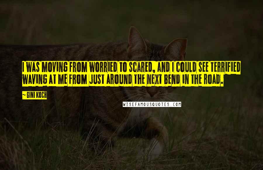 Gini Koch quotes: I was moving from worried to scared, and I could see terrified waving at me from just around the next bend in the road.