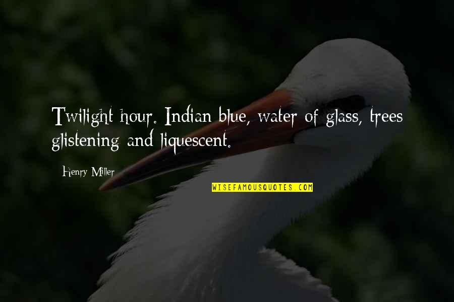 Glass Of Water Quotes By Henry Miller: Twilight hour. Indian blue, water of glass, trees