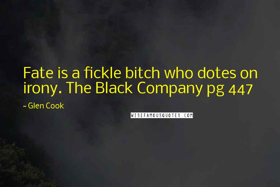 Glen Cook quotes: Fate is a fickle bitch who dotes on irony. The Black Company pg 447