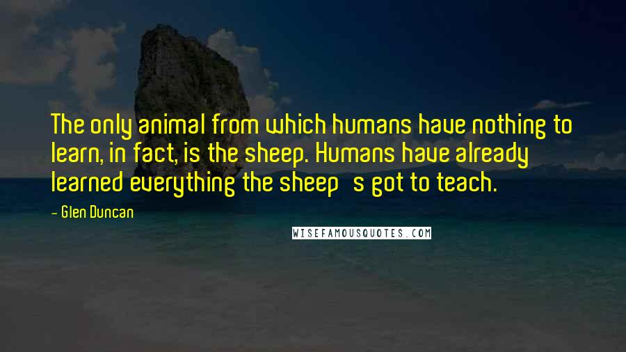Glen Duncan quotes: The only animal from which humans have nothing to learn, in fact, is the sheep. Humans have already learned everything the sheep's got to teach.