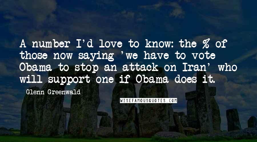 Glenn Greenwald quotes: A number I'd love to know: the % of those now saying 'we have to vote Obama to stop an attack on Iran' who will support one if Obama does Glenn Greenwald quotes: A number I'd love to know: the % of those now saying 'we have to vote Obama to stop an attack on Iran' who will support one if Obama does