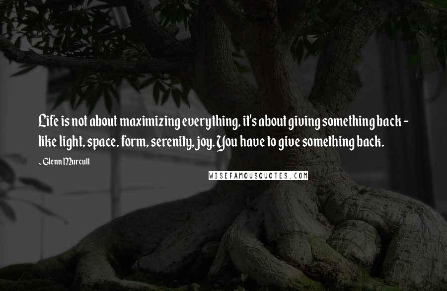 Glenn Murcutt quotes: Life is not about maximizing everything, it's about giving something back - like light, space, form, serenity, joy. You have to give something back.