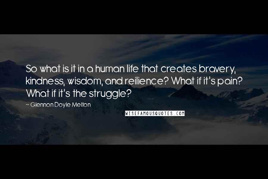 Glennon Doyle Melton quotes: So what is it in a human life that creates bravery, kindness, wisdom, and reilience? What if it's pain? What if it's the struggle?