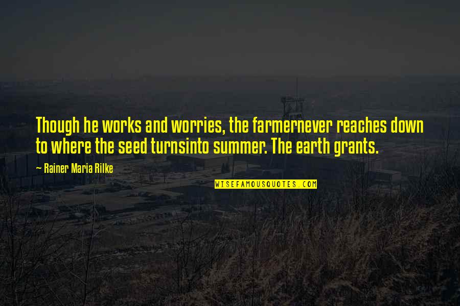 Glibly Poster Quotes By Rainer Maria Rilke: Though he works and worries, the farmernever reaches
