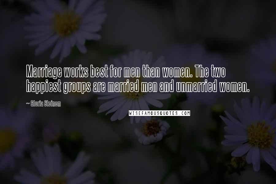 Gloria Steinem quotes: Marriage works best for men than women. The two happiest groups are married men and unmarried women.