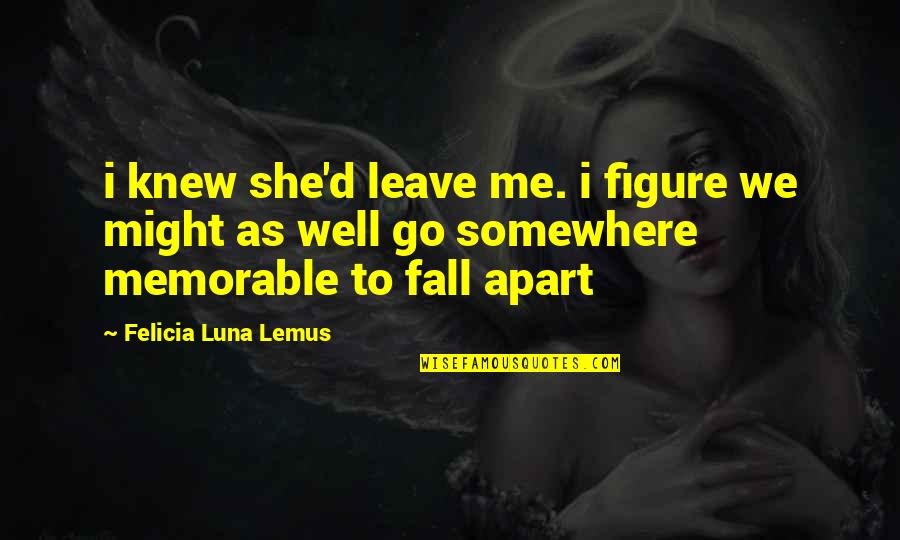 Go Somewhere Quotes By Felicia Luna Lemus: i knew she'd leave me. i figure we