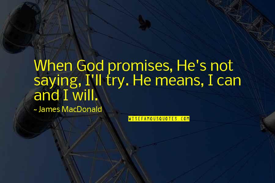 God Saying Quotes By James MacDonald: When God promises, He's not saying, I'll try.