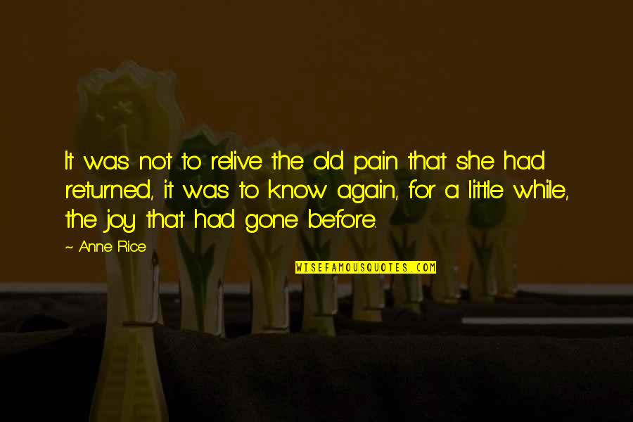 Gone Before You Know It Quotes By Anne Rice: It was not to relive the old pain