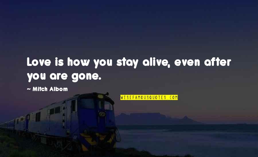Gone Is Gone Quotes By Mitch Albom: Love is how you stay alive, even after Gone Is Gone Quotes By Mitch Albom: Love is how you stay alive, even after