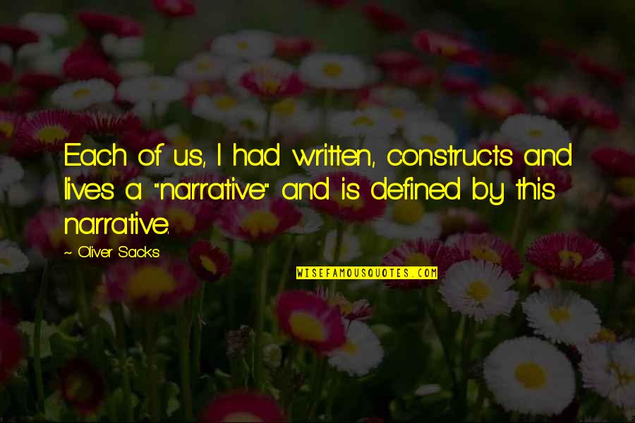 Good Stepmother Quotes By Oliver Sacks: Each of us, I had written, constructs and