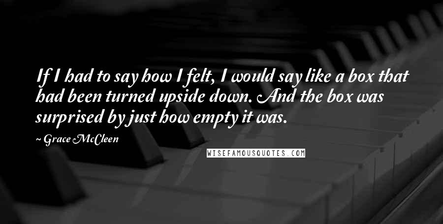 Grace McCleen quotes: If I had to say how I felt, I would say like a box that had been turned upside down. And the box was surprised by just how empty it Grace McCleen quotes: If I had to say how I felt, I would say like a box that had been turned upside down. And the box was surprised by just how empty it